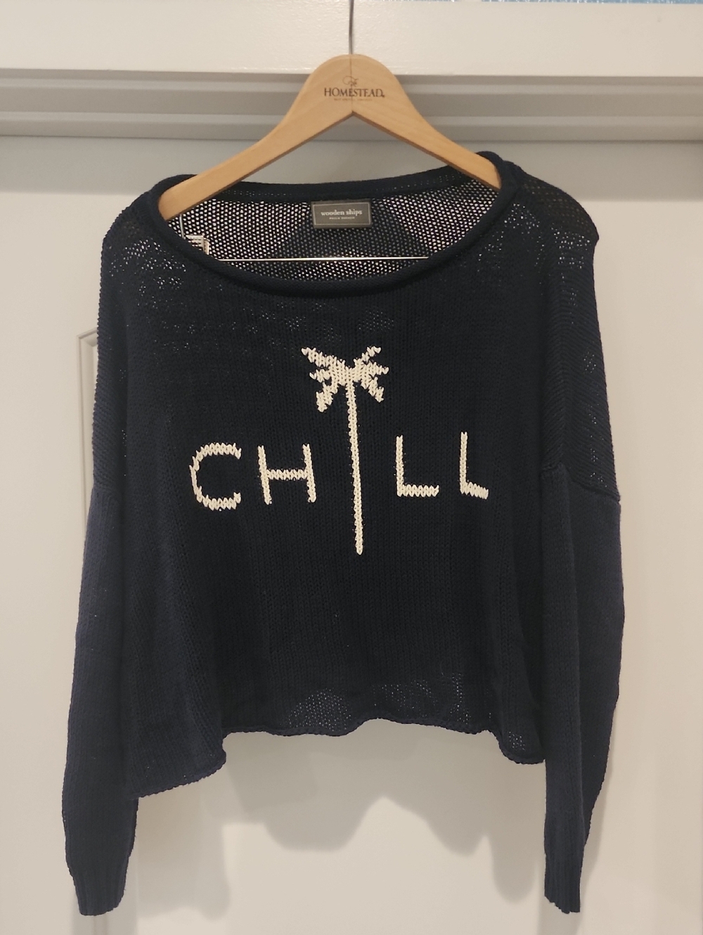Wooden Ships Navy Cropped Knit 'CHILL' Sweater with White Palm Graphic